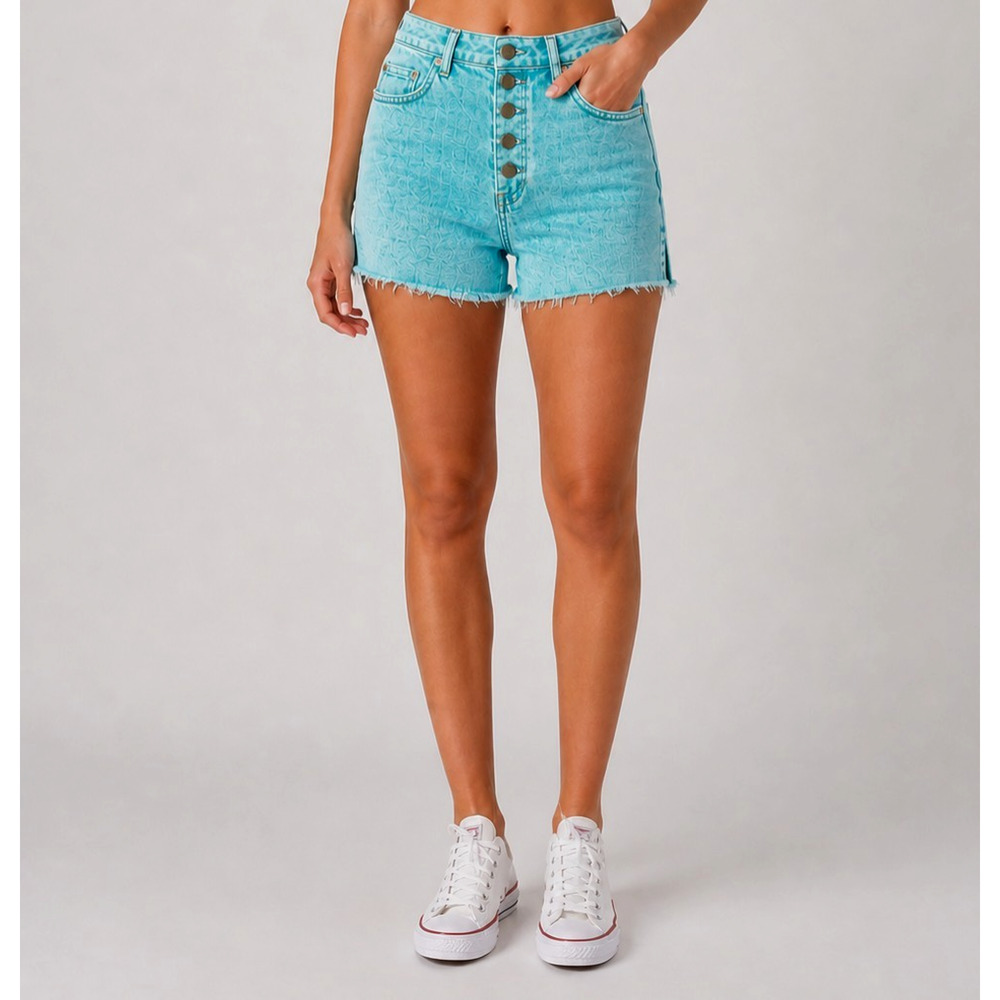 NEW Tractr Denim Shorts Womens 0 Blue High Rise Frayed Hem Button Fly Y2K Throwb
